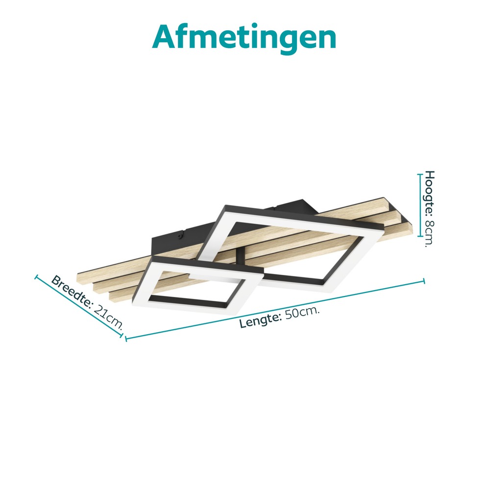 Lampe de plafond moderne Cembrano noir avec carré bois 50 cm Eglo 9008606388196