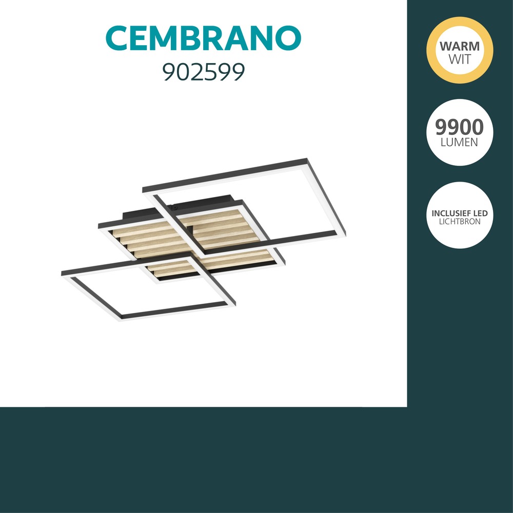 Lampe de plafond moderne Cembrano noir avec carré bois 92,5 cm Eglo 9008606388240