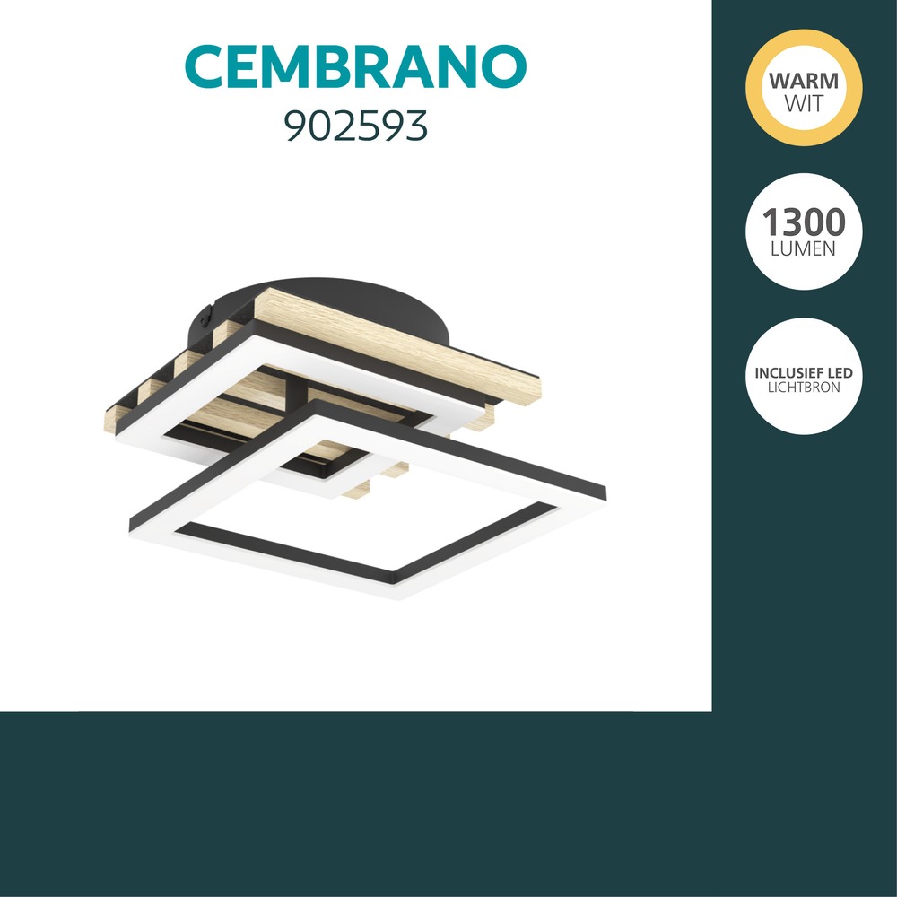 Lampe de plafond moderne Cembrano noir avec un carré en bois 34 cm Eglo 9008606388189