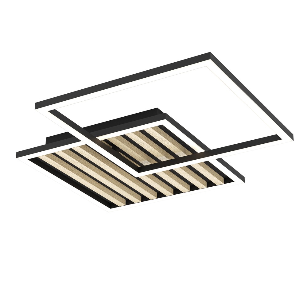 Lampe de plafond moderne Cembrano noir avec carré bois 48,5 x 48,5 cm