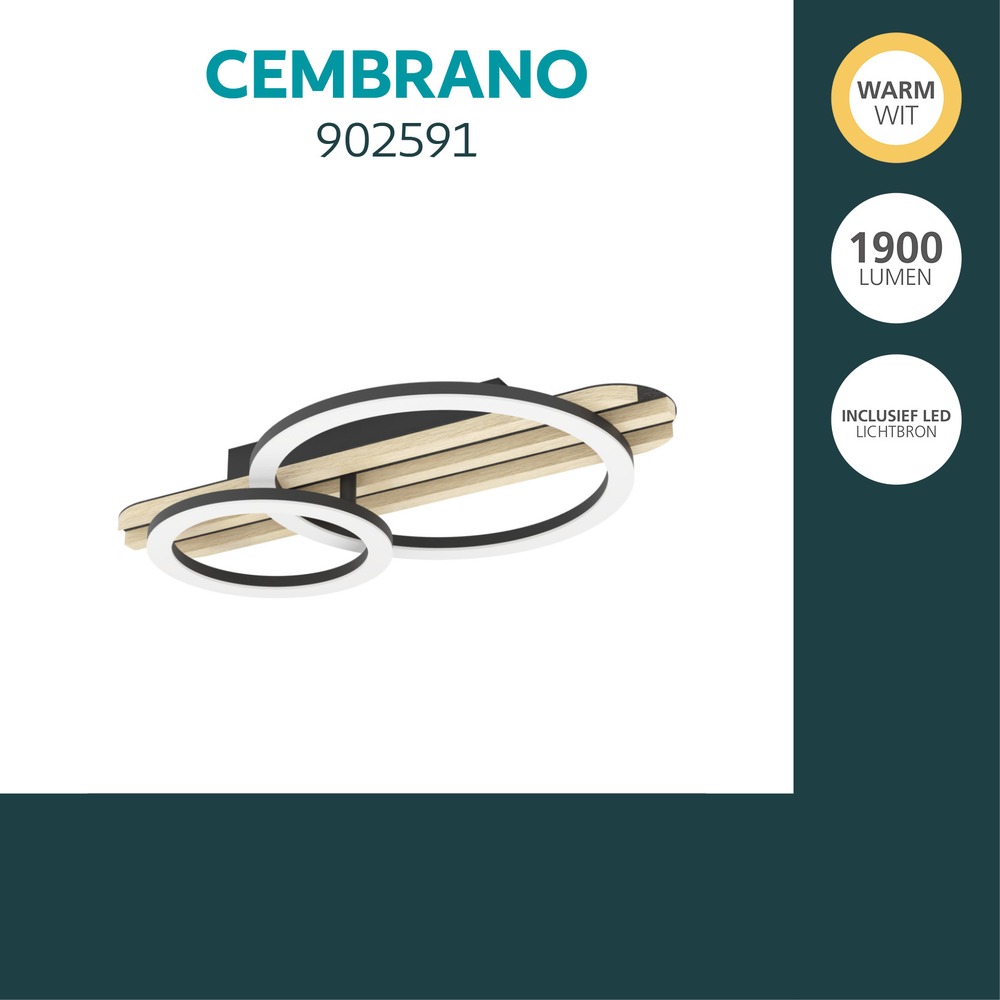 Lampe de plafond moderne Cembrano noir avec bois 50 cm Eglo 9008606388165