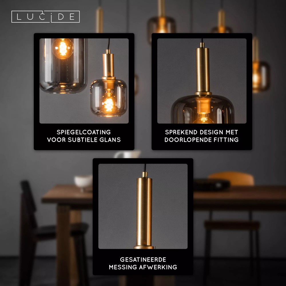 Lampe suspendue à 6 lampes Joanet Or droit avec verre fumé Lucide 5411212451446