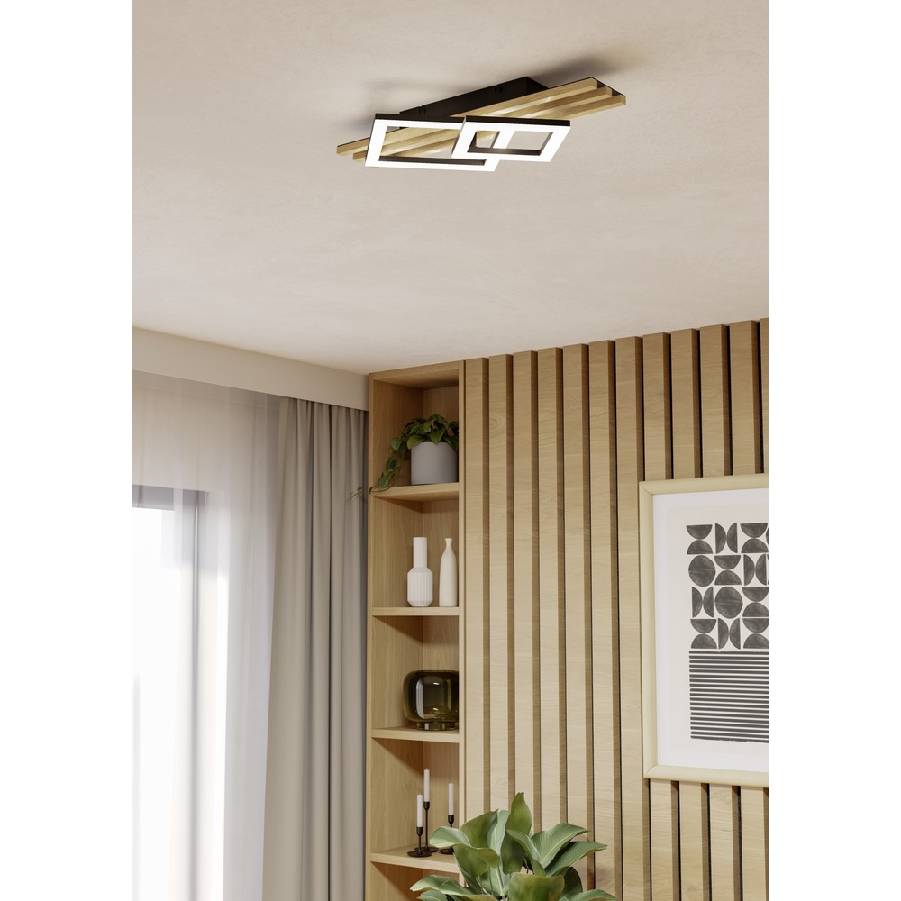 Lampe de plafond moderne Cembrano noir avec carré bois 50 cm Eglo 9008606388196