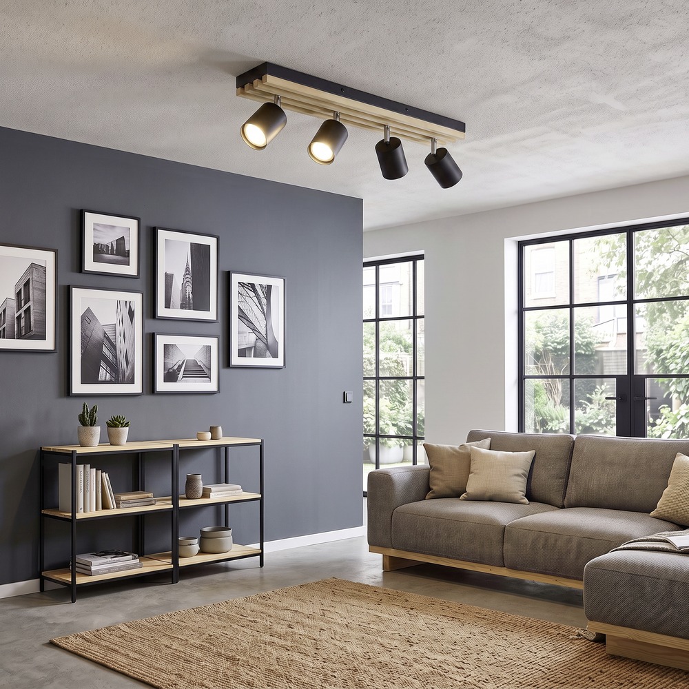 Projecteur moderne Cembrano 4-noir clair avec bois Eglo 9008606389063