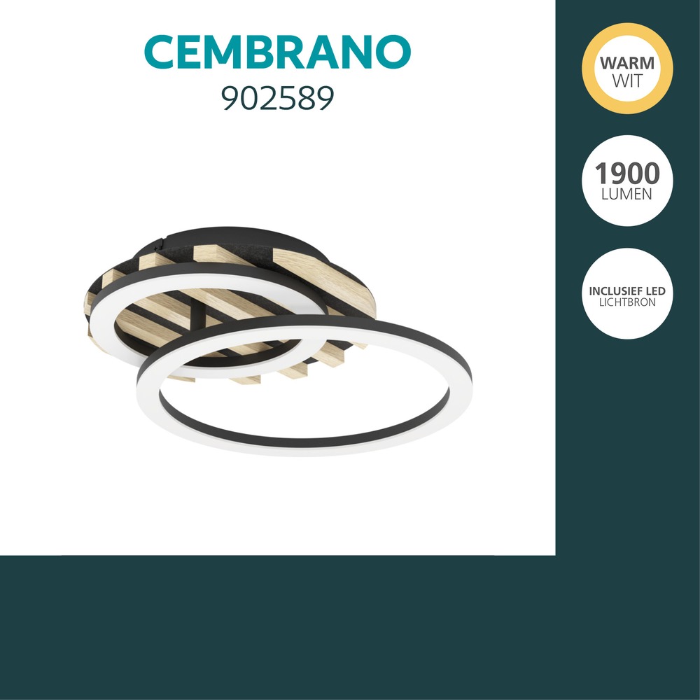 Lampe de plafond moderne Cembrano noir avec bois rond Eglo 9008606388158
