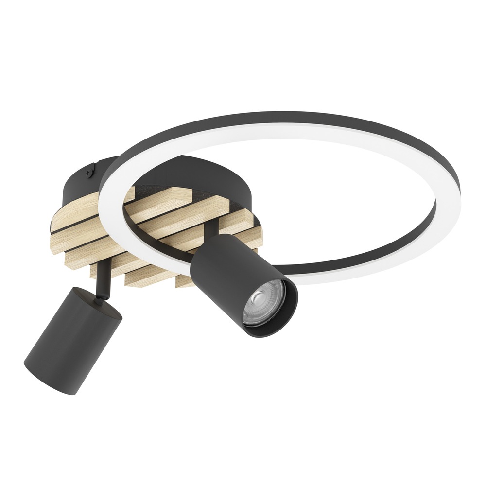 Lampe de plafond moderne Cembrano noir avec bois 38,5 x 30 cm