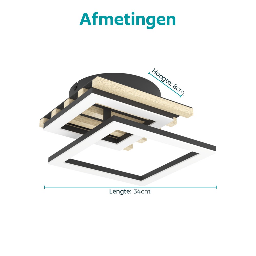 Lampe de plafond moderne Cembrano noir avec un carré en bois 34 cm Eglo 9008606388189