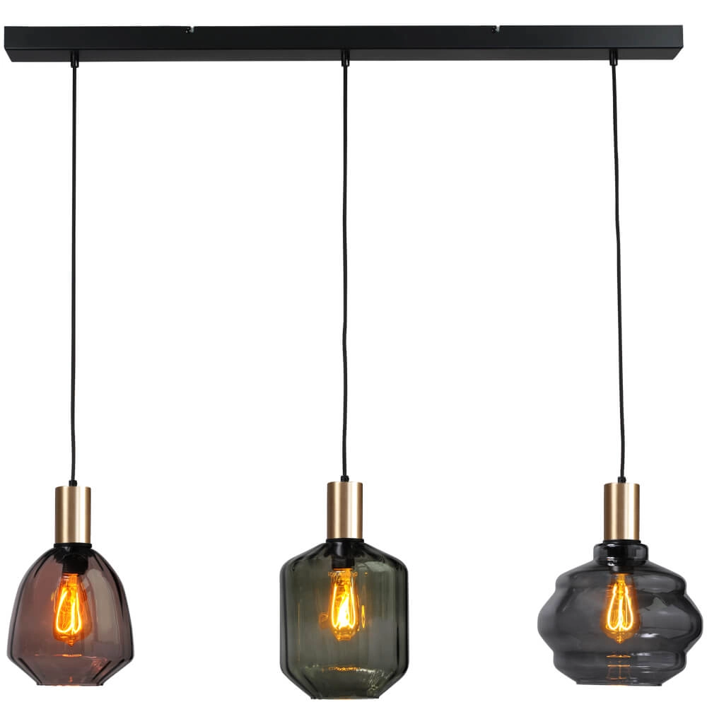 Lampe suspendue 3 lumières - dorée - Porto avec des lunettes différentes Lampe suspendue 3 lumières - dorée - Porto avec des lunettes différentes