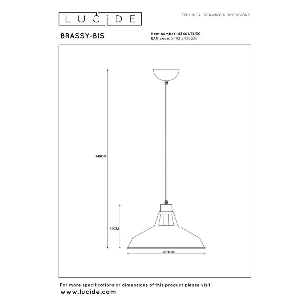 Lampe pendante industrielle Brassy-Bis noir Ø 31cm Lucide 5411212430236