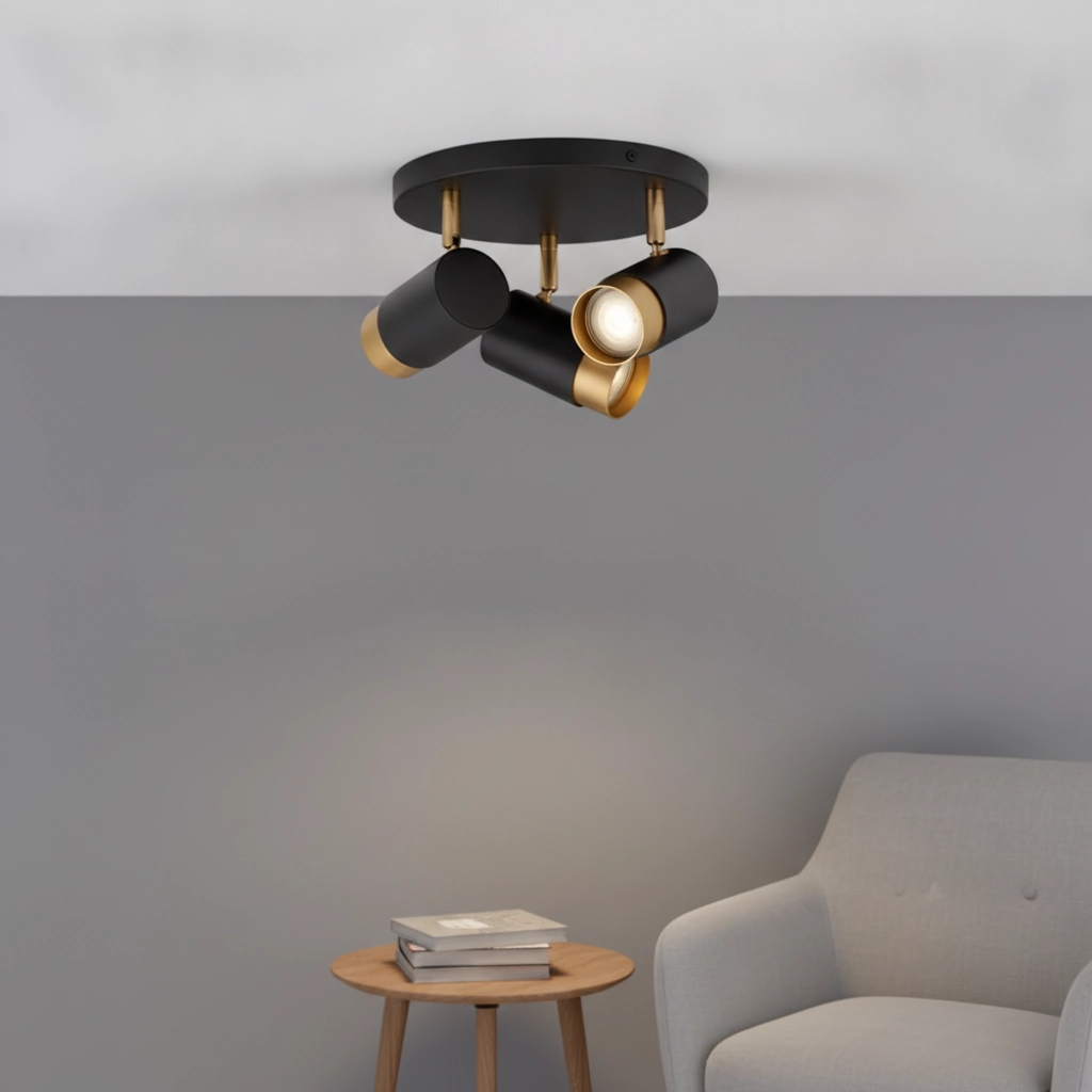 Spot de plafond Pogno 3 lumières noir avec rond doré