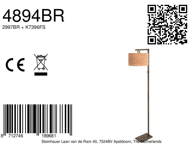 Lampe sur pied en bronze Stang avec un bouchon en liège Steinhauer 8712746189681