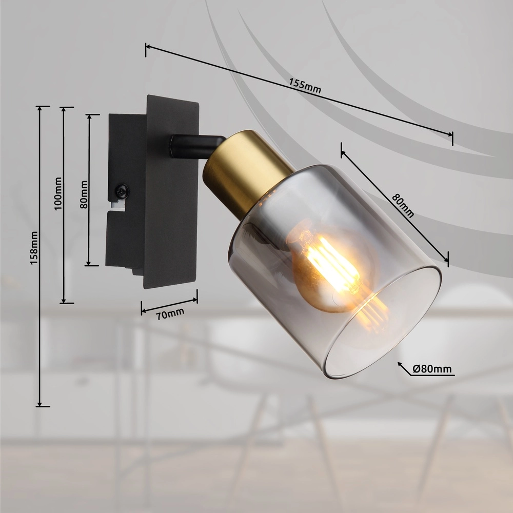 Lampe murale Hollsy noir avec verre fumé Globo 9007371457847