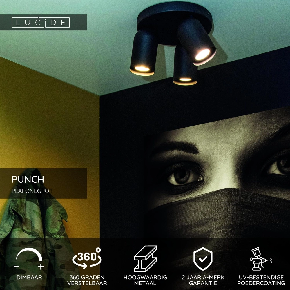 Projecteur de plafond Punch Noir à 3 lumières Lucide 5411212134349