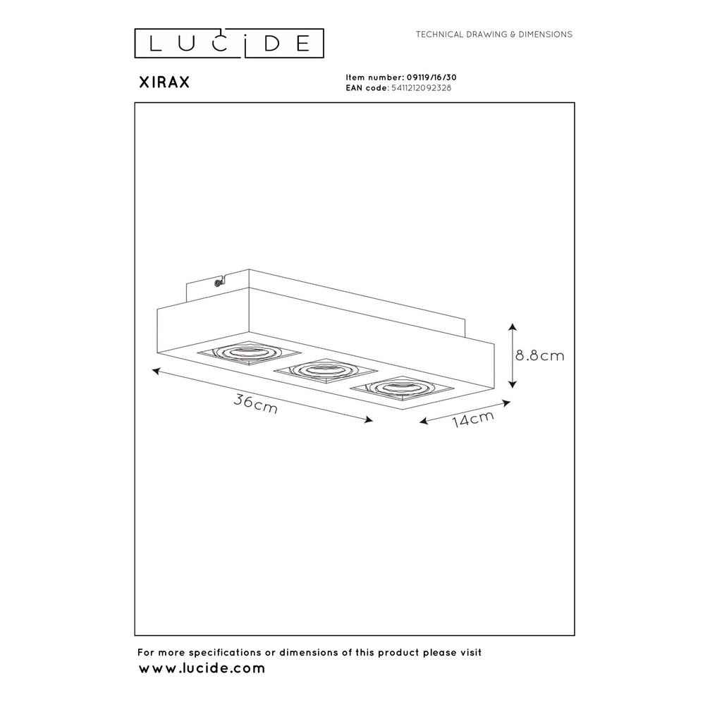 Projecteur de plafond Xirax 3 x 5W noir Lucide 5411212092328