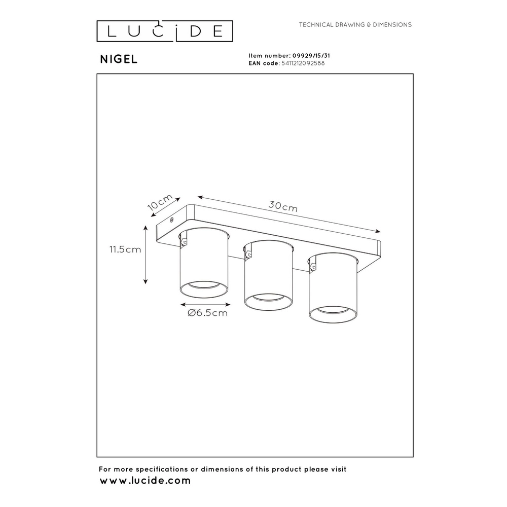 Projecteur de plafond Nigel Blanc à 3 lumières Lucide 5411212092588