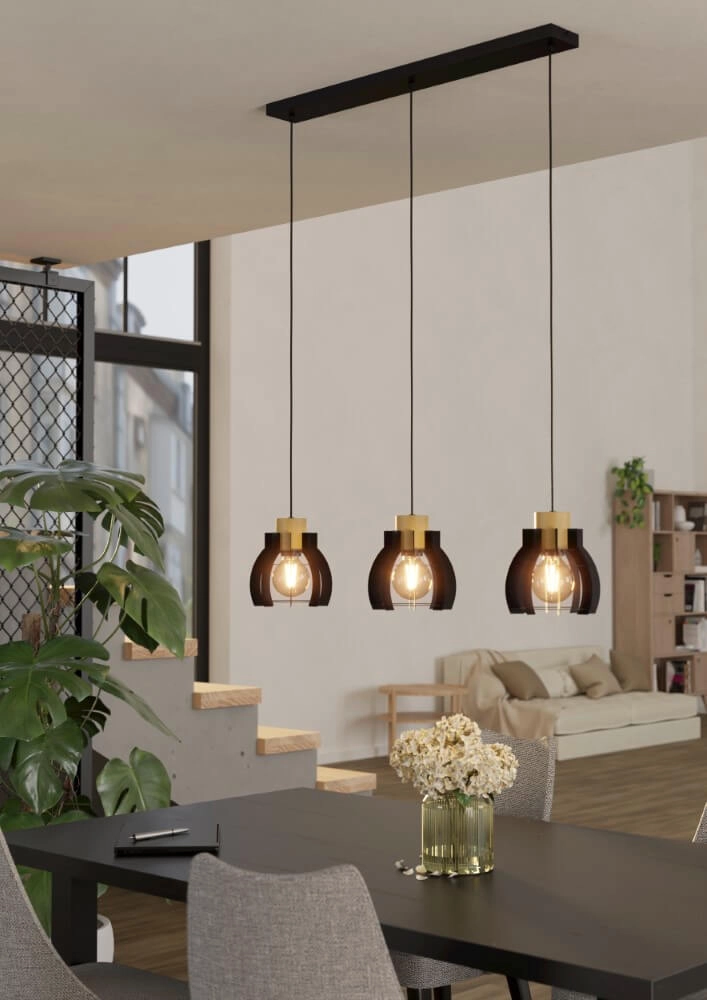 Lampe suspendue 3 lumières Stillington 1 noir avec du bois Eglo 9002759439255