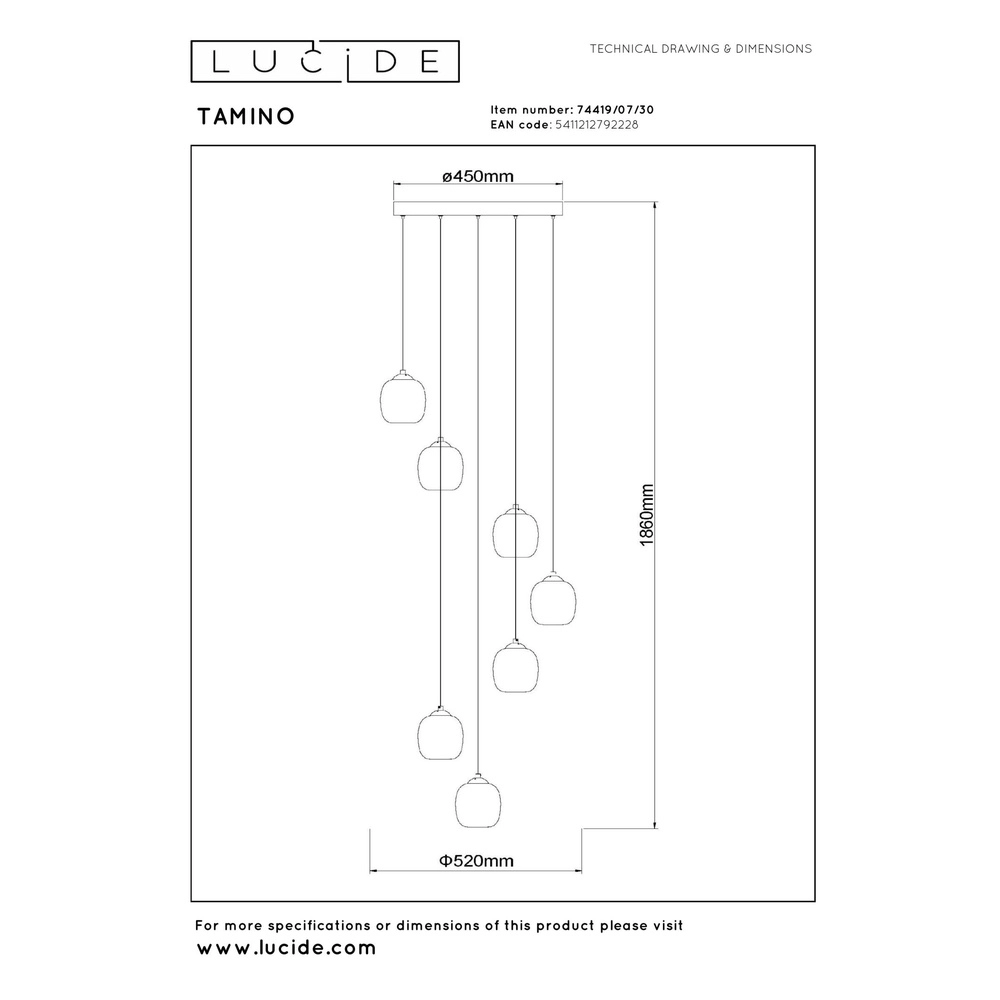 Lampe suspendue à 7 lampes Tamino Noir Lucide 5411212792228