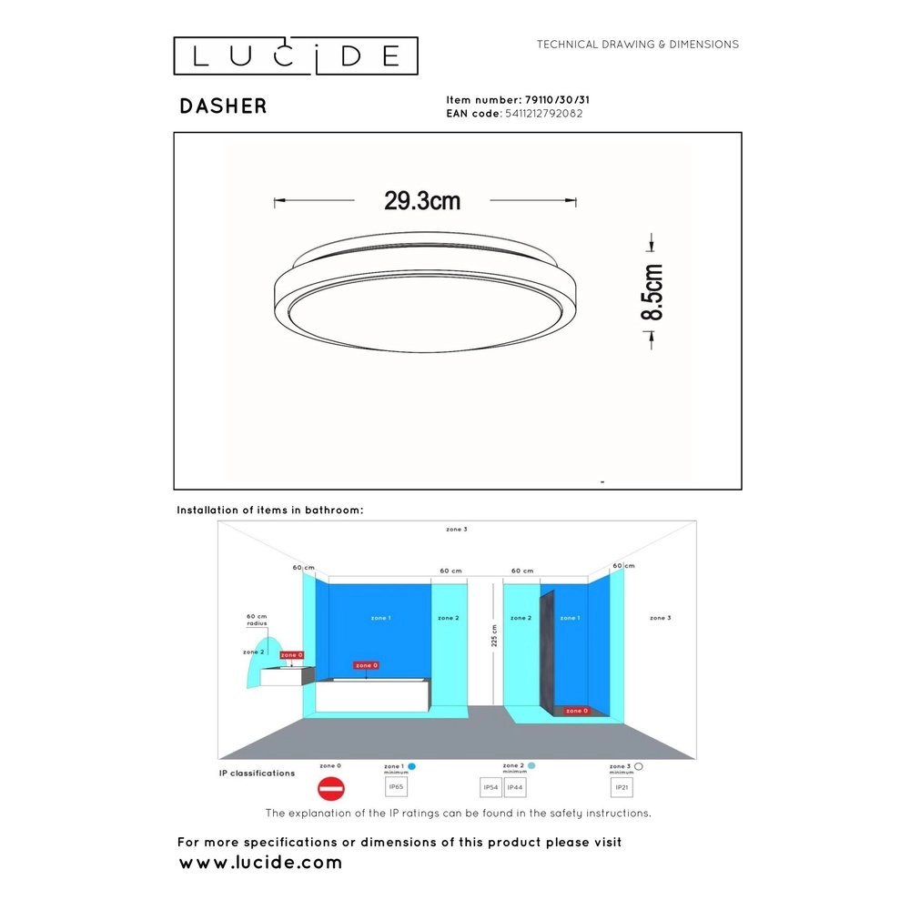 Lumière blanche de plafond Dasher Ø 29,3cm IP44 pour la salle de bain Lucide 5411212792082