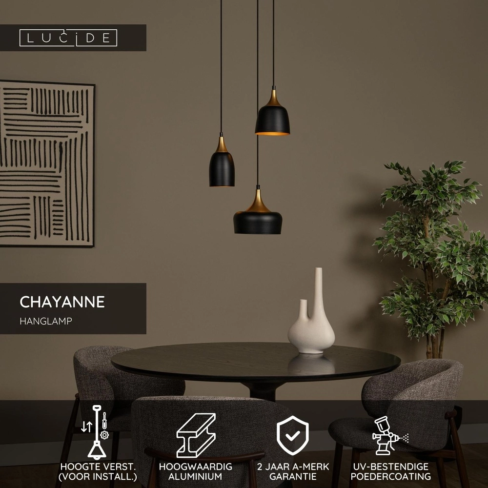 Lampe pendante à 3 lampes Chayanne Design noir avec or Lucide 5411212051561