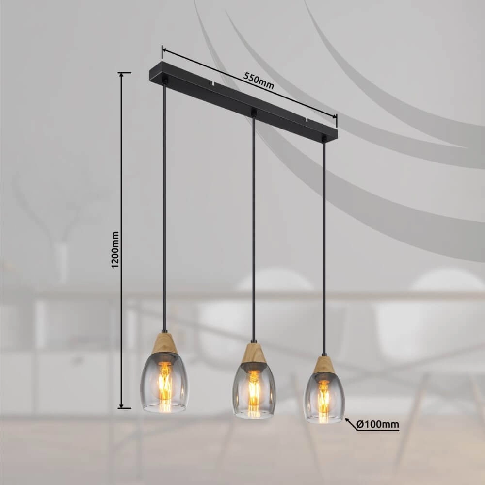 Lampe suspendue 3 lumières Reid verre de fumée Globo 9007371441730