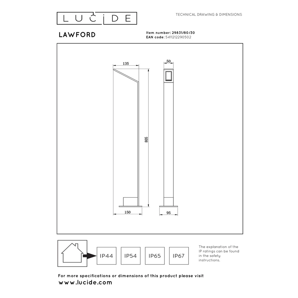Lampe de jardin conçue Lawford 80,5 cm noir Lucide 5411212290502