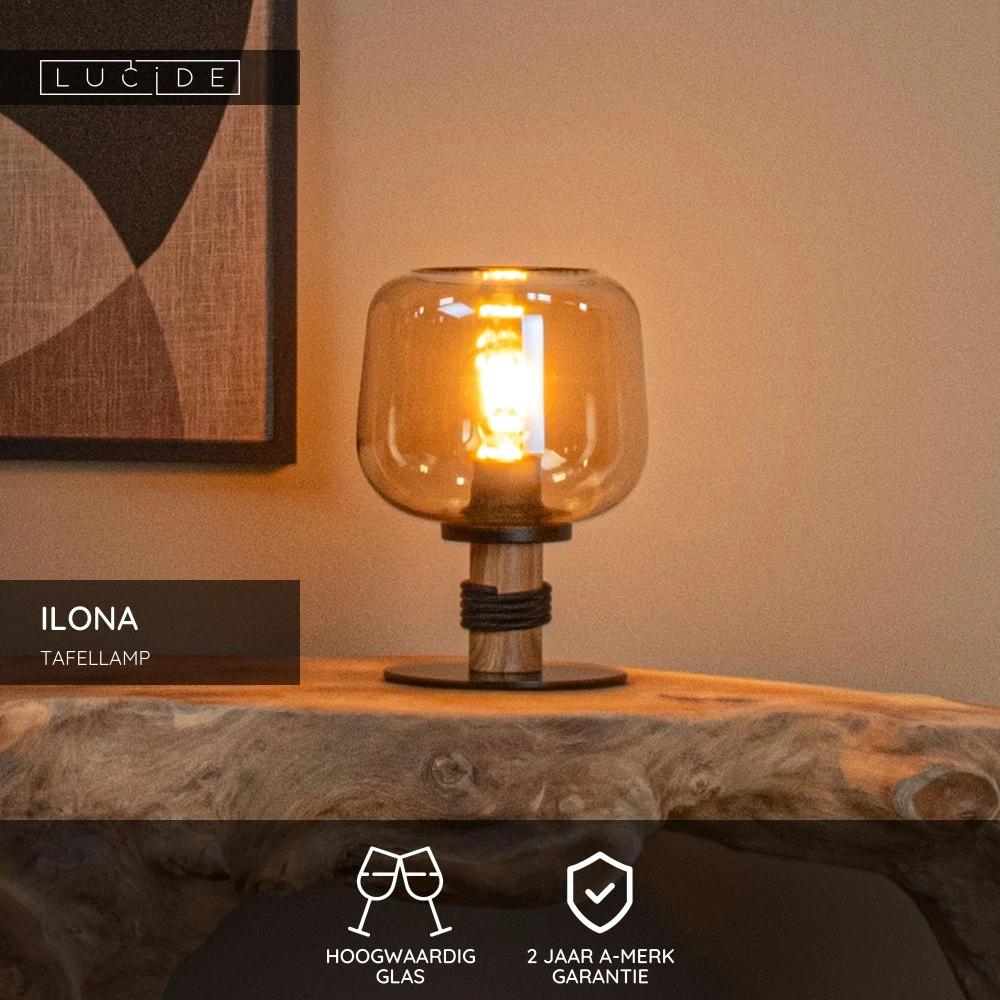 Lampe de table Ilona noir avec verre ambré Lucide 5411212452696