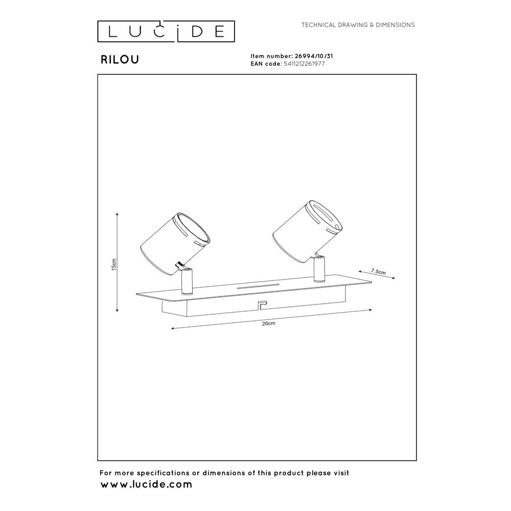Projecteur de plafond Rilou Blanc dimmable à 2 lumières Lucide 5411212261977