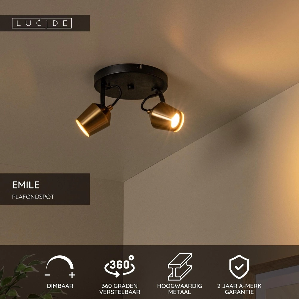 Lampe de plafond à deux lumières Emile noir avec or Lucide 5411212510082