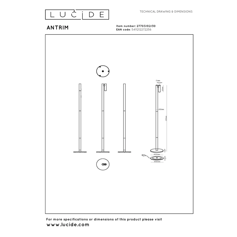 Lampe de lecture rechargeable Antrim IP54 noir Lucide 5411212272256