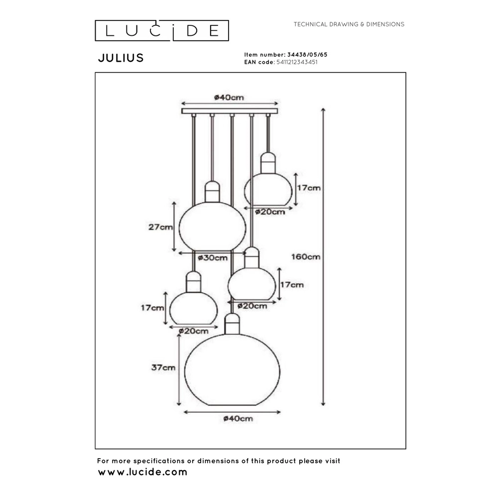 Lampe suspendue à 5 lumières Julius Verre fumé Lucide 5411212343451