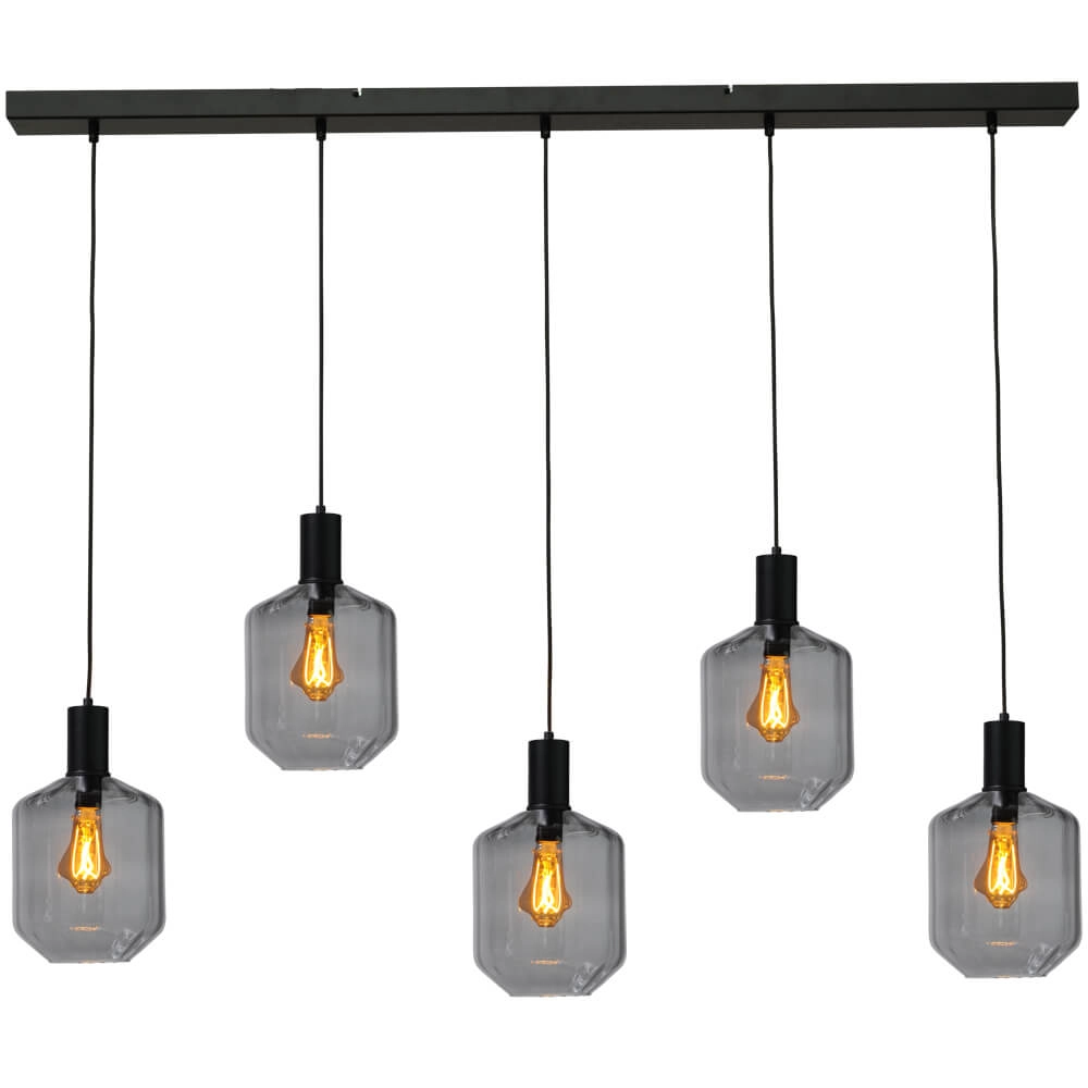 Lampe suspendue 5 lumières - noire - Porto avec des verres à fumée Jagger