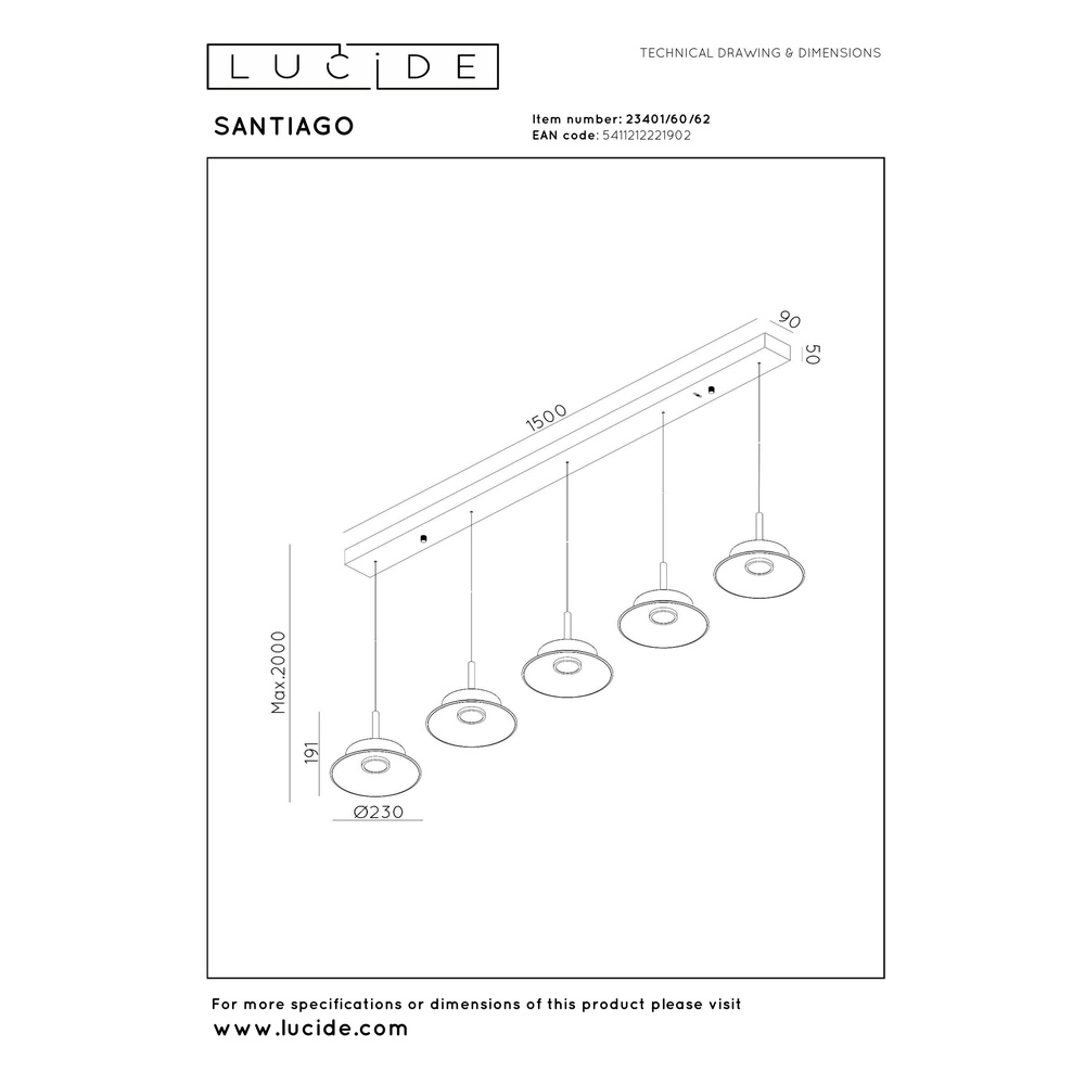 Lampe pendante de salle à manger Santiago Led - champagne - 5x Ø 23cm Premium by Lucide 5411212221902