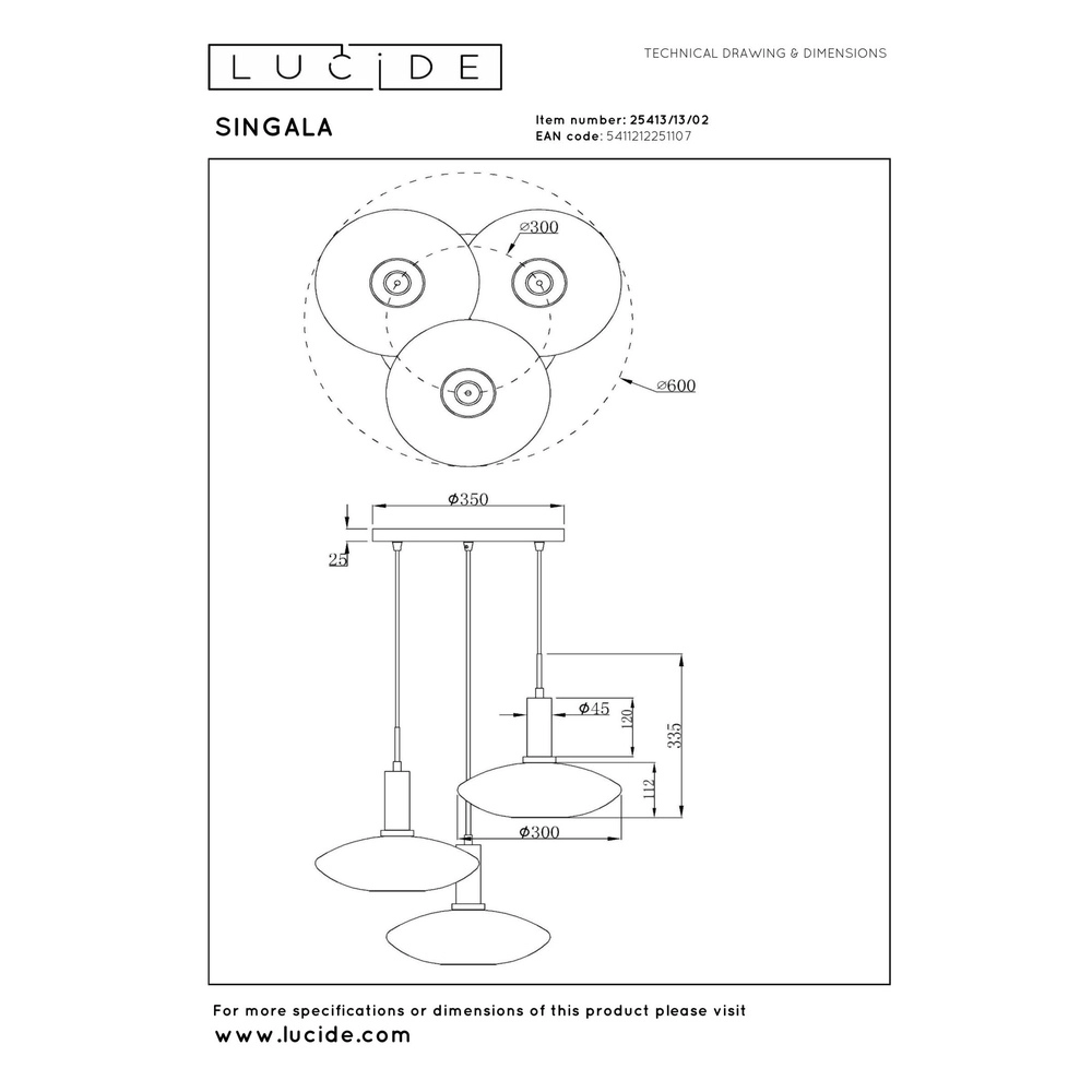 Lampe pendante de conception Singala Or rond à trois lumières avec blanc Lucide 5411212251107