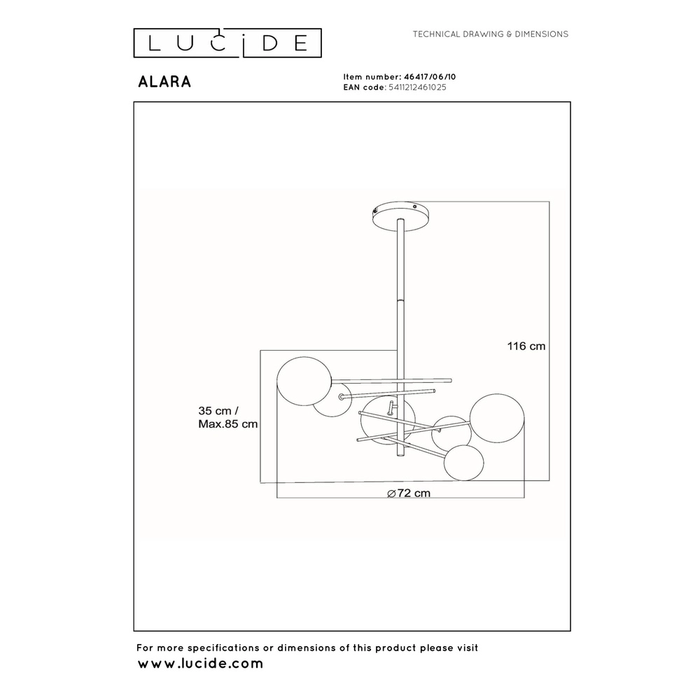 Lampe suspendue à 6 lampes Alara Or avec boules de fumée Lucide 5411212461025