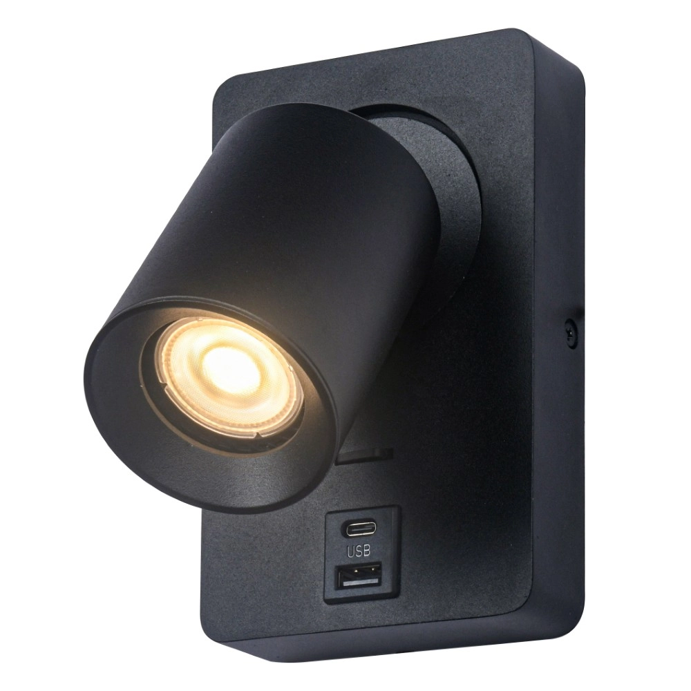 Lampe de chevet Megano USB noir avec USB-A et USB-C