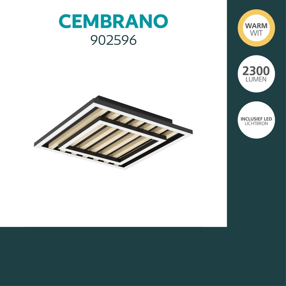 Lampe de plafond moderne Cembrano noir avec un carré en bois 31,5 x 31,5 cm Eglo 9008606388219