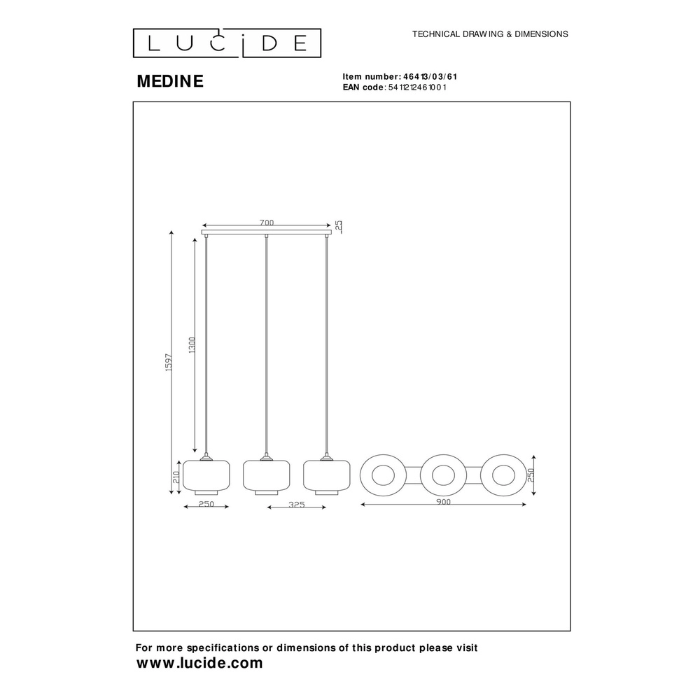 Lampe suspendue droite Medine 3-noir clair avec opale Lucide 5411212461001