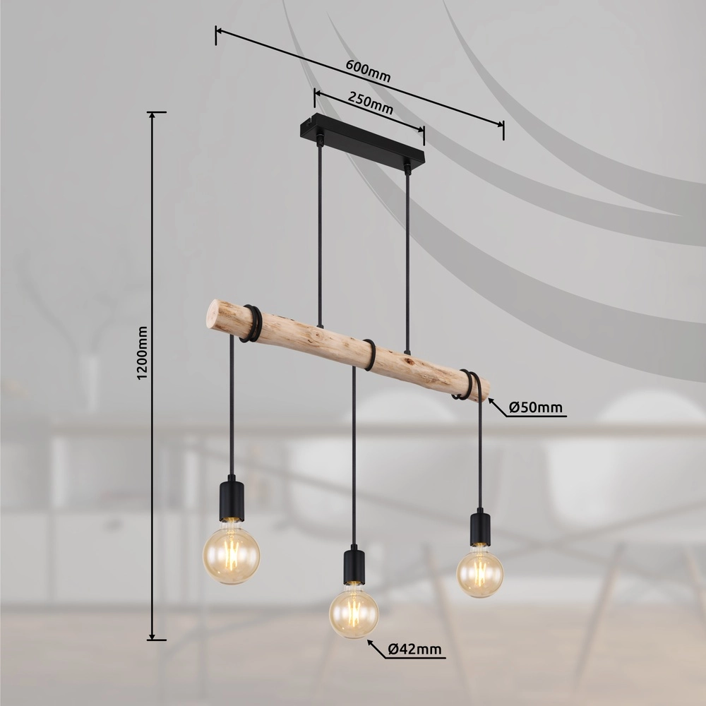 Lampe suspendue de table à manger à 3 lumières Gregor noir avec bois Globo 9007371436330