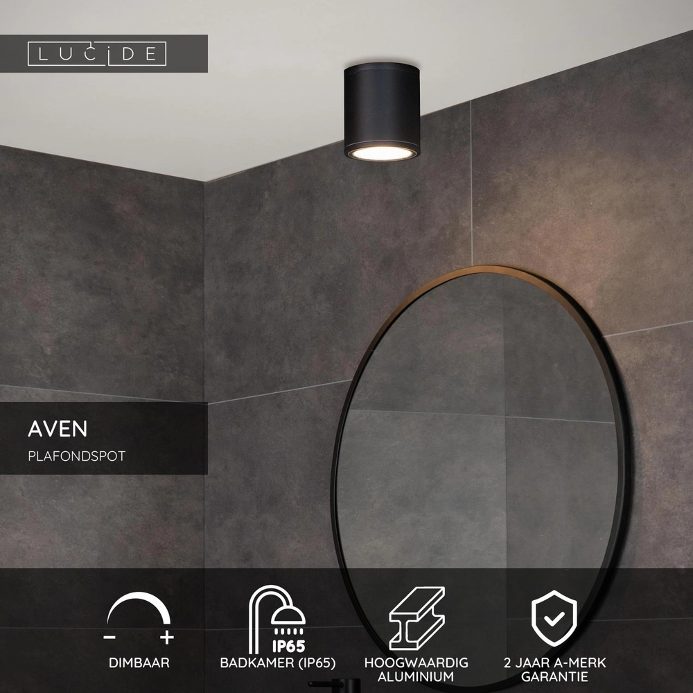 Projecteur de plafond Aven toilette IP65 noire Lucide 5411212221438