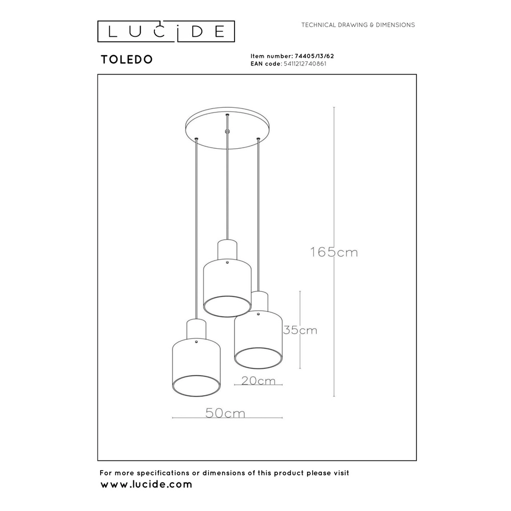 Lampe suspendue Toledo Trois lumières en verre ambré Lucide 5411212740861