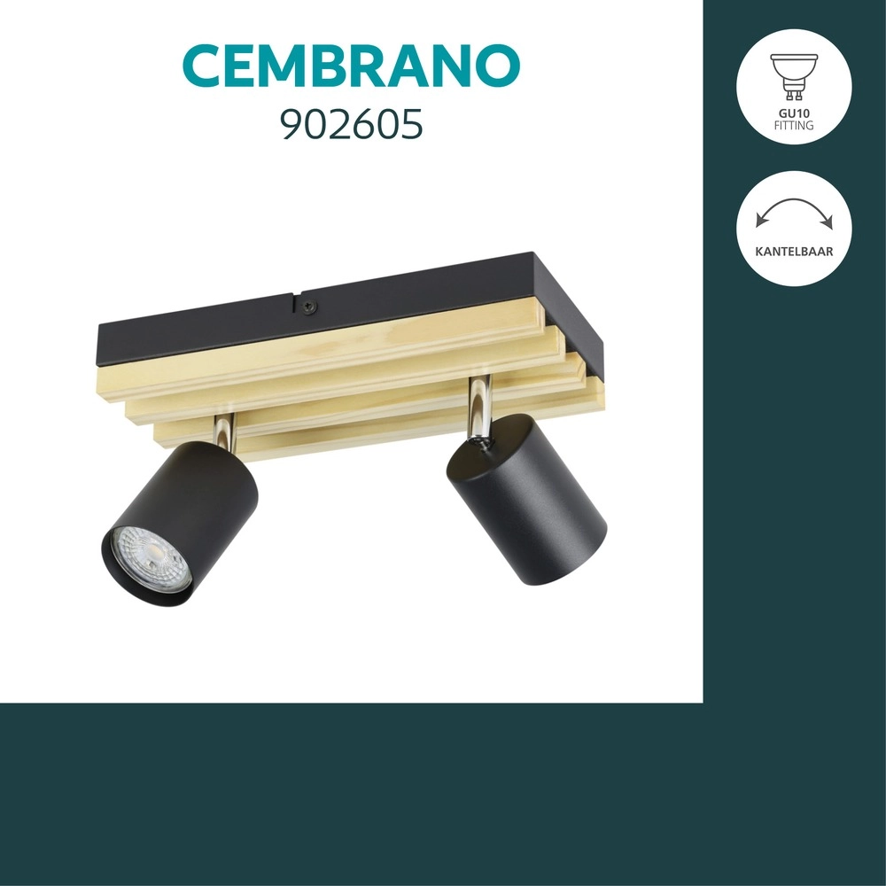 Projecteur moderne Cembrano 2-noir clair avec bois Eglo 9008606389056