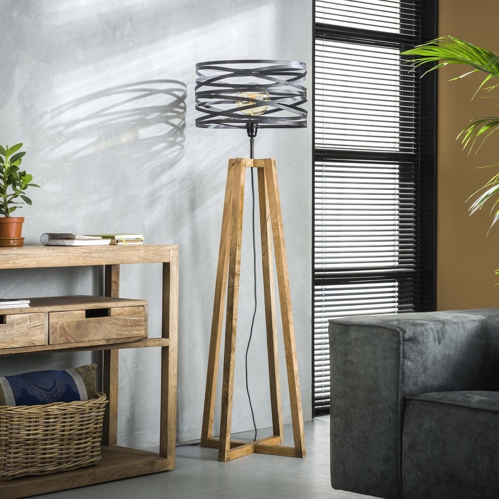 Lampe de sol industrielle Twist Ø 41cm - bois avec gris Lyora 8716803511811