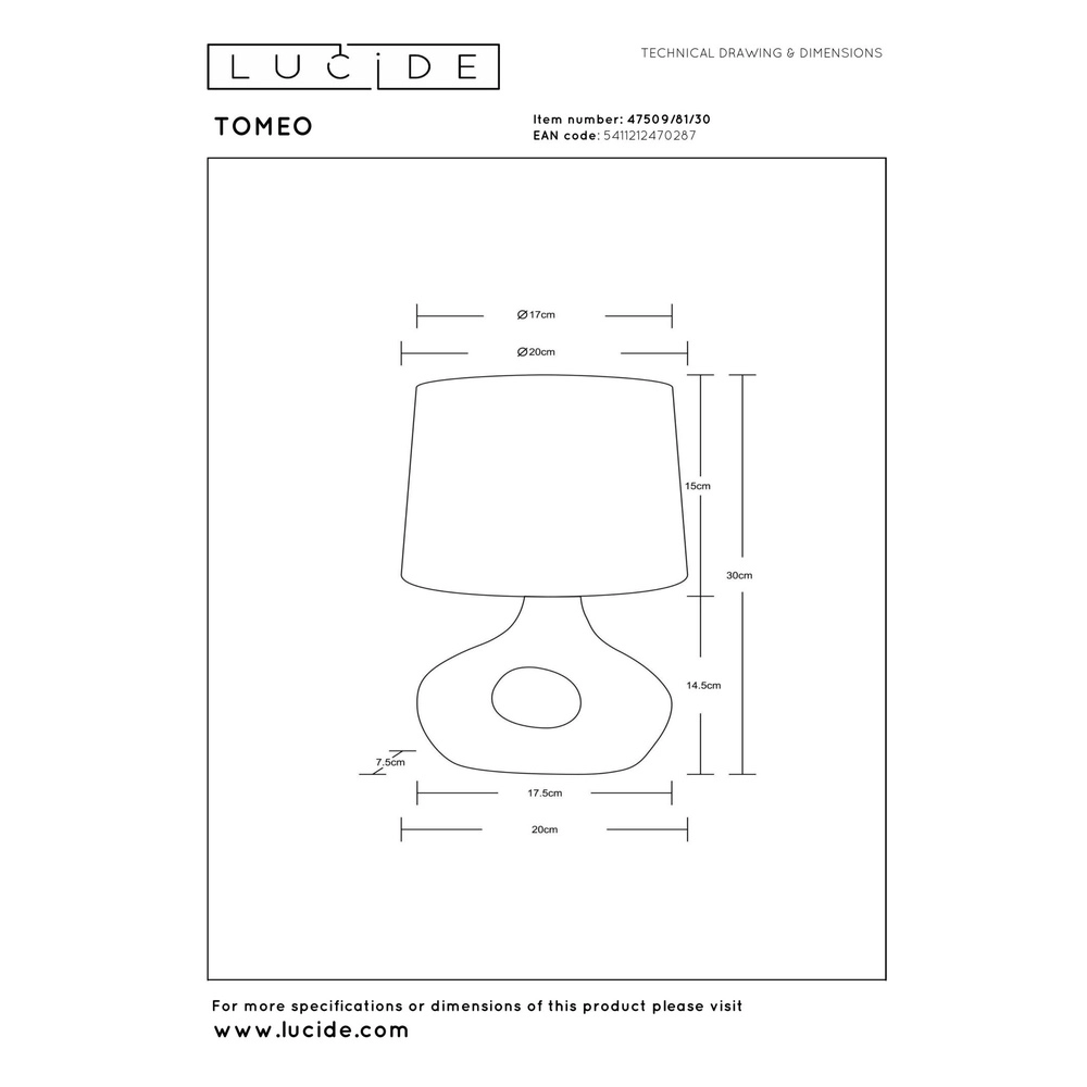 Lampe de table Tomeo Noir avec capuche blanche Lucide 5411212470287