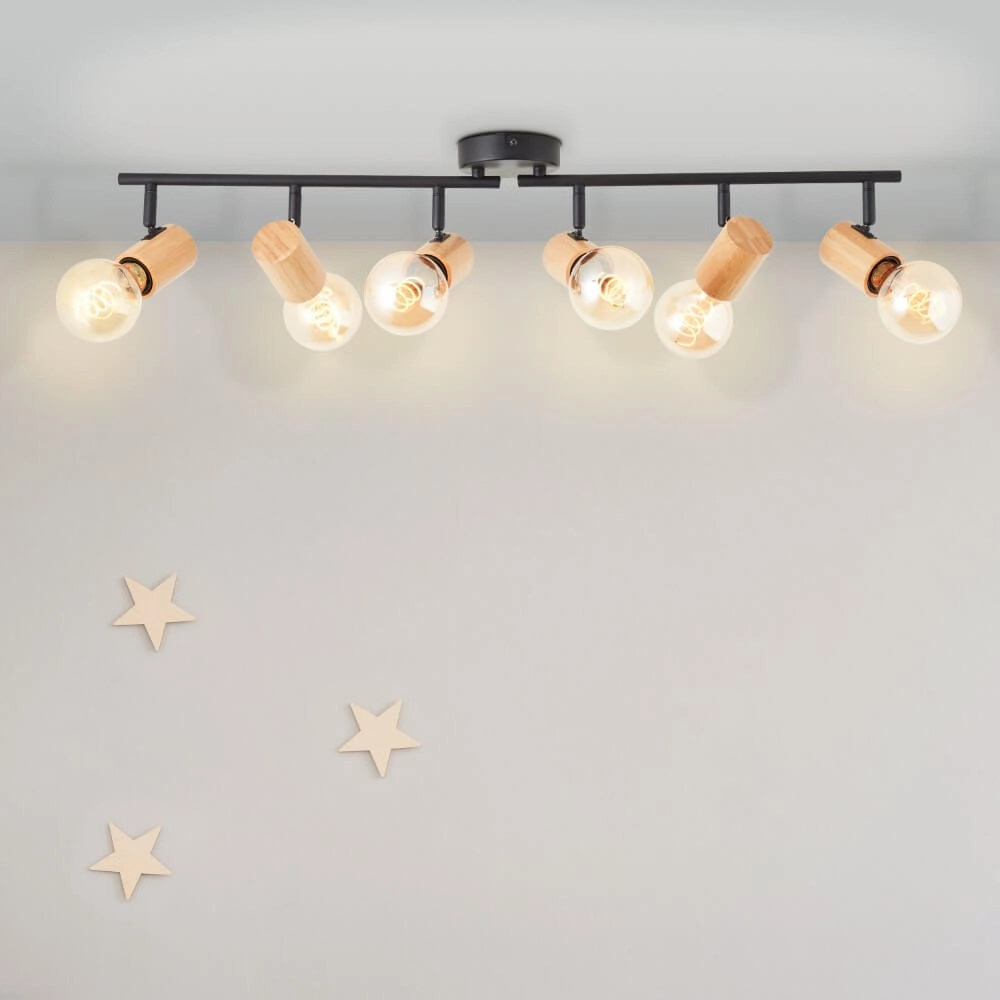 Plafonnier Kerry 6 lumières noir avec bois Brilliant 4004353409080