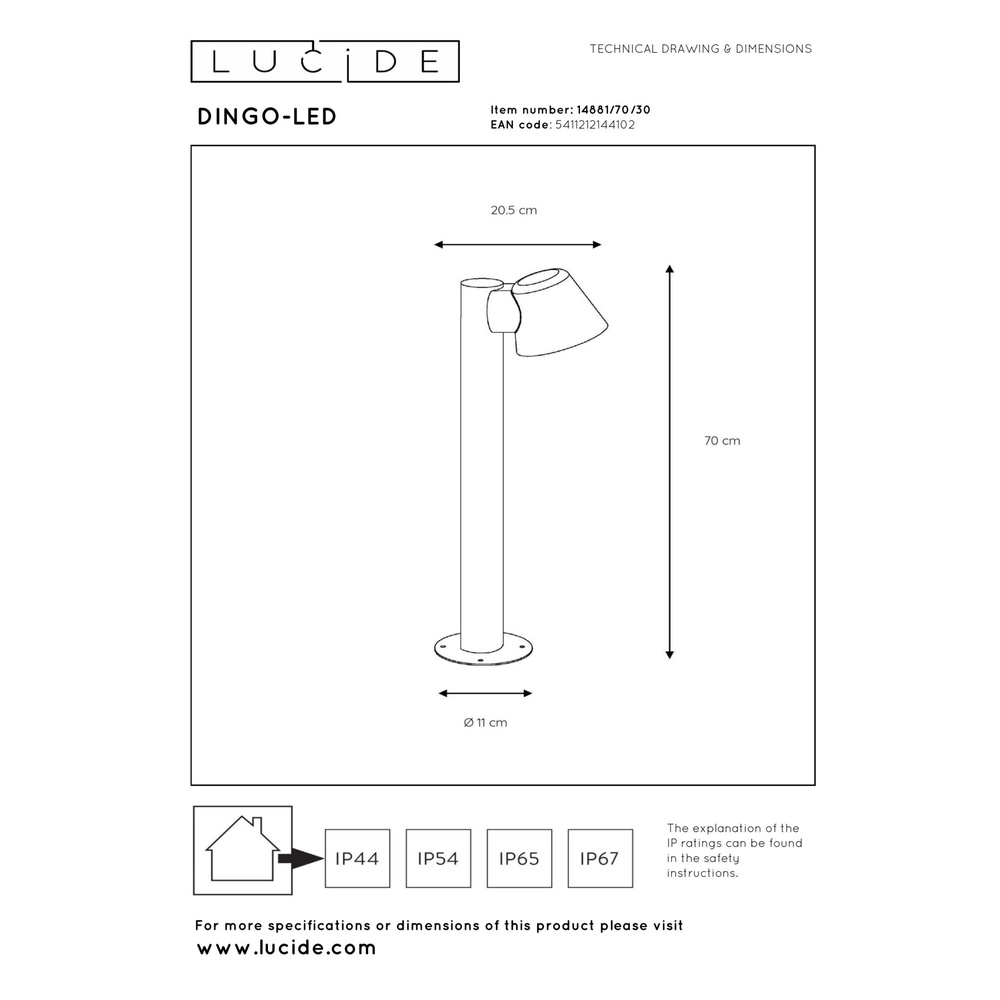 Lampe de jardin Dingo-Led Anthracite IP44 Lucide 5411212144102