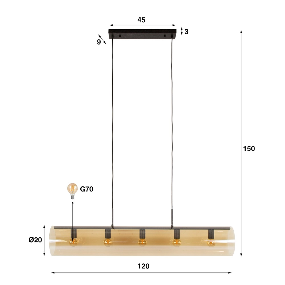 Lampe suspendue en verre Tube 120 cm - verre ambré Lyora 8716803511774