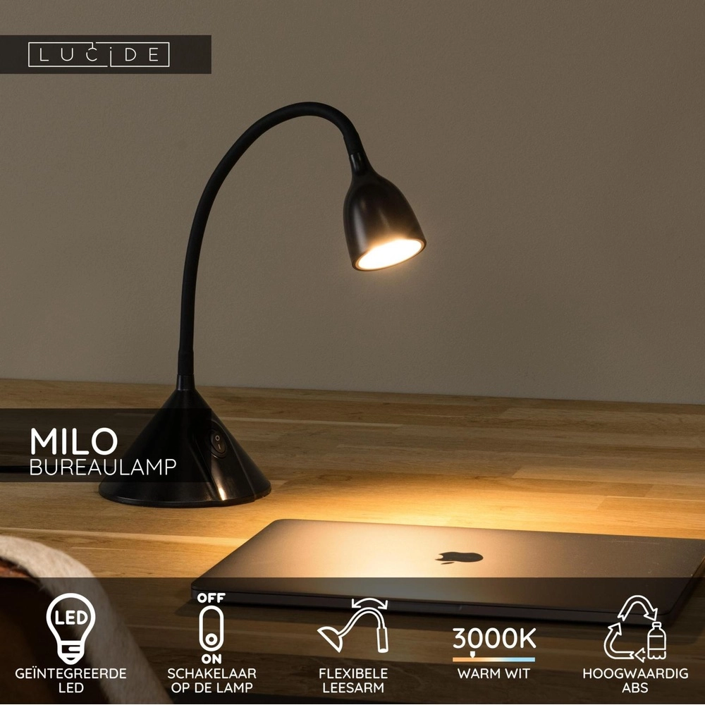 Lampe de bureau noire Milo LED 3,2W Lucide 5411212185891