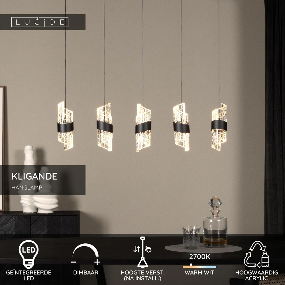 Lampe pendante de conception Kligande Droit noir à 5 lumières Lucide 5411212134653