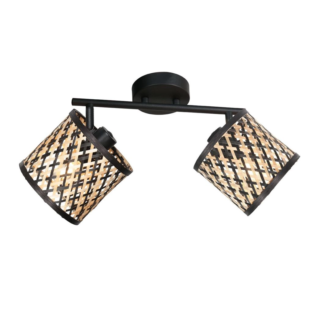 Lampe de plafond à deux lampes Sumba avec des lunettes en bambou de 12 cm