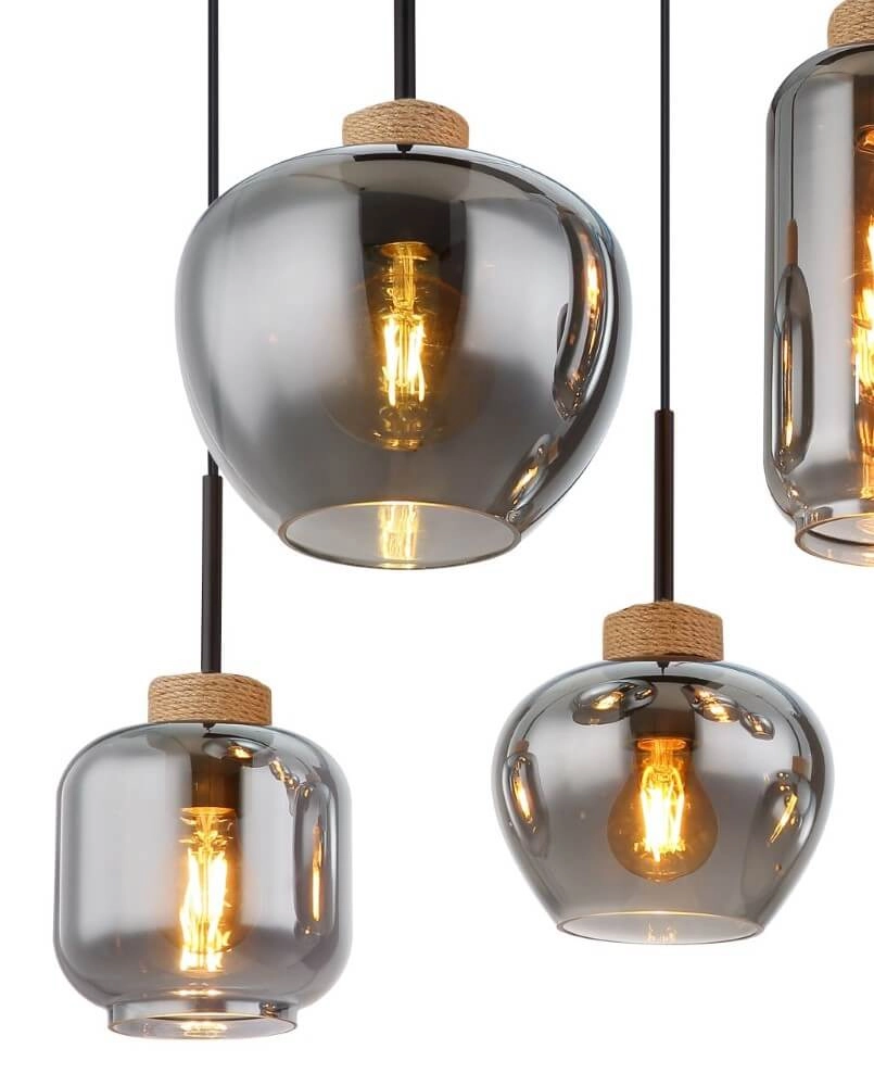 Lampe suspendue 6 lumières Matt noir avec du bois Globo 9007371441518